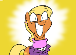 Size: 1560x1129 | Tagged: safe, artist:mofetafrombrooklyn, ms. harshwhinny, earth pony, pony, g4, clothes, ear piercing, female, grin, irrational exuberance, mare, piercing, smiling, solo, unprofessional