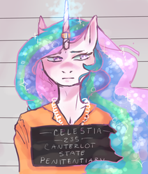 Size: 1019x1200 | Tagged: dead source, safe, artist:jupltercandy, princess celestia, anthro, g4, clothes, female, frown, horn, horn ring, magic, magic suppression, mugshot, prison outfit, project: csp, solo