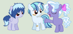 Size: 4105x1913 | Tagged: safe, artist:strawberry-spritz, oc, oc only, oc:bubble wubs, oc:microsound, oc:sterile sting, pegasus, pony, unicorn, bandaid, blank flank, bow, colt, cute, male, ms paint, offspring, parent:cloudchaser, parent:pokey pierce, parent:vinyl scratch, polyamory, siblings, simple background