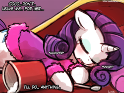 Size: 960x720 | Tagged: safe, artist:lumineko, rarity, pony, g4, 30 minute art challenge, bathrobe, clothes, crying, cute, dialogue, female, ice cream, implied coco pommel, implied marshmallow coco, mare, nightmare, open mouth, raribetes, robe, sad, sleeping, solo