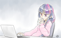 Size: 1536x960 | Tagged: safe, artist:reavz, twilight sparkle, human, chair, clothes, computer, computer mouse, drinking, female, humanized, laptop computer, sitting, solo