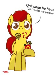 Size: 239x320 | Tagged: safe, artist:chunky soup, oc, oc only, oc:chunky soup, earth pony, pony, cute, eating, fat, food, french fries, looking at you, solo