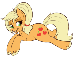 Size: 648x475 | Tagged: safe, artist:lulubell, applejack, g4, alternate hairstyle, bedroom eyes, female, grin, hooves, looking at you, prone, simple background, smiling, solo, transparent background, unshorn fetlocks