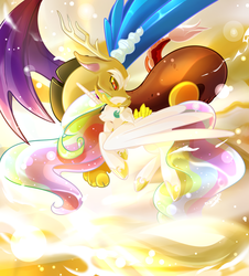 Size: 1280x1413 | Tagged: safe, artist:aaynra, discord, princess celestia, g4, female, male, nuzzling, ship:dislestia, shipping, straight