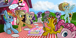 Size: 1280x640 | Tagged: safe, artist:drizziedoodles, applejack, fluttershy, pinkie pie, rainbow dash, rarity, twilight sparkle, oc, alicorn, pony, g4, cake, female, fourth wall, mane six, mare, twilight sparkle (alicorn)