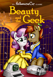 Size: 1700x2423 | Tagged: safe, artist:anibaruthecat, button mash, sweetie belle, g4, beauty and the beast, belle, computer, female, male, nintendo entertainment system, parody, ship:sweetiemash, shipping, straight