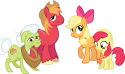 Size: 3565x2117 | Tagged: safe, artist:porygon2z, apple bloom, applejack, big macintosh, granny smith, earth pony, pony, g4, accessory swap, apple family, high res, male, simple background, stallion, transparent background, vector