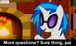 Size: 1600x973 | Tagged: safe, dj pon-3, vinyl scratch, pony, unicorn, comic:celestia's servant interview, g4, caption, cs captions, female, fireplace, interview, mare, solo, sunglasses