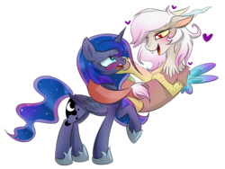 Size: 3325x2494 | Tagged: safe, artist:magnaluna, discord, princess luna, alicorn, draconequus, pony, adoreris, blushing, cute, eris, fangs, female, half r63 shipping, horn, lesbian, lunacord, luneris, mare, not sure if want, open mouth, raised hoof, rule 63, rule63betes, shipping, simple background, transparent background, unamused, vector