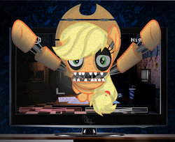 Size: 989x807 | Tagged: safe, applejack, pony, robot, robot pony, five nights at aj's, g4, animatronic, applefreddy, applefreddy fazjack's pizzeria, attack, female, five nights at aj's 2, five nights at freddy's, fourth wall destruction, jumpscare, solo