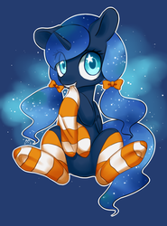 Size: 756x1023 | Tagged: safe, artist:shusu, princess luna, g4, alternate hairstyle, blue background, clothes, colored pupils, cute, fangs, female, looking at you, lunabetes, mouth hold, pigtails, simple background, sitting, smiling, socks, solo, starry eyes, striped socks, wingding eyes