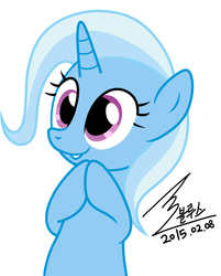 Size: 865x1074 | Tagged: safe, artist:bluse, trixie, pony, unicorn, g4, background removed, cute, diatrixes, fangs, female, filly, happy, show accurate, signature, simple background, smiling, solo, white background, younger