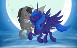 Size: 2560x1600 | Tagged: safe, artist:navanastra, princess luna, oc, alicorn, bat pony, pony, g4, bat pony oc, blushing, canon x oc, duo, eyes closed, flying, french kiss, kissing, love, moon, night, stars, wings