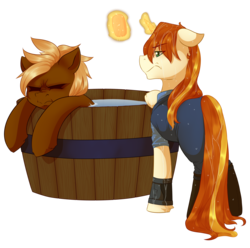 Size: 2304x2285 | Tagged: safe, artist:mylittlesheepy, oc, oc only, oc:caltrop, oc:greaser, fallout equestria, fallout equestria: outlaw, bath, commission, high res