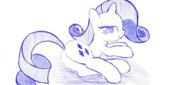 Size: 1280x642 | Tagged: safe, artist:fromamida, rarity, pony, unicorn, g4, bedroom eyes, butt, female, looking at you, looking back, looking back at you, mare, monochrome, plot, simple background, smiling, solo, white background