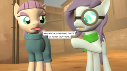 Size: 1280x720 | Tagged: safe, artist:jeijei, maud pie, oc, oc:aural harmony, earth pony, pony, g4, 3d, blank flank, clothes, dialogue, female, goggles, mare, scarf, source filmmaker, team fortress 2