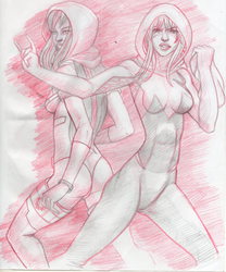 Size: 2514x3017 | Tagged: safe, artist:eliasmadekin, twilight sparkle, human, spiders and magic: rise of spider-mane, g4, amethyst sorceress, crossover, gwen stacy, high res, humanized, male, marvel, pencil drawing, spider-gwen, spider-man, spider-woman, superhero, traditional art