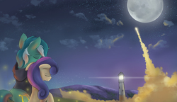 Size: 2850x1642 | Tagged: safe, artist:ardail, bon bon, lyra heartstrings, sweetie drops, earth pony, pony, unicorn, fanfic:background pony, game:to the moon, g4, clothes, dig the swell hoodie, hoodie, lighthouse, moon, scenery