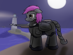 Size: 964x730 | Tagged: safe, artist:the-furry-railfan, oc, oc only, oc:crash dive, pegasus, pony, fallout equestria, fallout equestria: empty quiver, armor, building, enclave, enclave armor, grand pegasus enclave, harpoon, lighthouse, moon, night, ocean, power armor, ship, soldier, solo, spear gun
