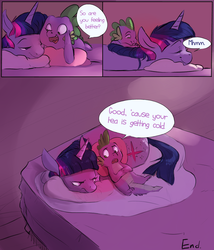 Size: 1280x1493 | Tagged: safe, artist:imsokyo, spike, twilight sparkle, dragon, pony, unicorn, comic:cold tea, daily life of spike, g4, comic, cuddling, cute, deadpan snarker, dialogue, eyes closed, female, floppy ears, frown, glare, lidded eyes, male, mare, on back, open mouth, pillow, prone, snark, snuggling, spikabetes, twiabetes, unamused