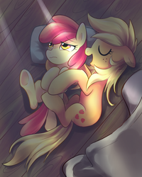 Size: 800x1000 | Tagged: safe, artist:sion-ara, apple bloom, applejack, g4, eyes closed, open mouth, sleeping, underhoof