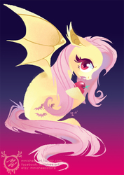 Size: 600x849 | Tagged: safe, artist:mmishee, fluttershy, bat pony, pony, g4, apple, bat wings, cutie mark, fangs, female, floppy ears, flutterbat, hooves, lineless, mare, sitting, solo, spread wings, wings