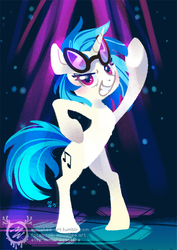Size: 600x849 | Tagged: safe, artist:mmishee, dj pon-3, vinyl scratch, pony, unicorn, g4, bipedal, cutie mark, female, glasses, grin, hooves, horn, lineless, mare, smiling, solo, sunglasses, teeth