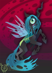 Size: 600x849 | Tagged: safe, artist:mmishee, queen chrysalis, changeling, changeling queen, g4, fangs, female, hooves, horn, lineless, open mouth, rearing, solo