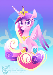 Size: 600x849 | Tagged: safe, artist:mmishee, princess cadance, alicorn, pony, g4, cutie mark, cutie mark background, female, hooves, horn, lineless, mare, raised hoof, sitting, solo, spread wings, wings