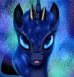 Size: 1749x1841 | Tagged: safe, artist:crazyaniknowit, princess luna, g4, female, looking at you, portrait, solo, space, stars
