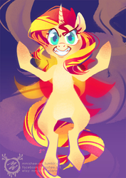 Size: 600x849 | Tagged: safe, artist:mmishee, sunset shimmer, pony, unicorn, g4, female, floating, grin, hooves, horn, lineless, looking at you, mare, smiling, solo, teeth