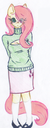 Size: 303x765 | Tagged: safe, artist:fiji-firefox, fluttershy, anthro, g4, boob window, clothes, female, keyhole turtleneck, open-chest sweater, solo, sweater, sweatershy, traditional art, turtleneck