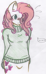 Size: 473x765 | Tagged: safe, artist:fiji-firefox, fluttershy, anthro, g4, clothes, female, solo, sweatershy, traditional art