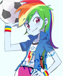 Size: 500x600 | Tagged: dead source, safe, artist:baekgup, rainbow dash, equestria girls, g4, autograph, female, football, looking at you, pose, smiling, solo