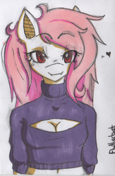 Size: 450x689 | Tagged: safe, artist:fiji-firefox, fluttershy, anthro, g4, belly button, boob window, clothes, female, flutterbat, keyhole turtleneck, midriff, open-chest sweater, solo, sweater, sweatershy, traditional art, turtleneck