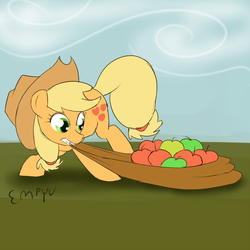 Size: 1000x1000 | Tagged: safe, artist:empyu, applejack, g4, 30 minute art challenge, apple, female, mouth hold, sack, solo