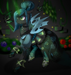 Size: 752x805 | Tagged: safe, artist:purrrfectartist, queen chrysalis, butterfly, changeling, changeling queen, g4, alternate hairstyle, clothes, crown, dress, earring, female, flower, goth, gothic, jewelry, magic, necklace, regalia, shoes, solo