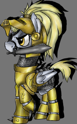 Size: 1028x1659 | Tagged: safe, artist:hainebutt, derpy hooves, pegasus, pony, g4, armor, eyepatch, female, mare, mouth hold, solo, sword