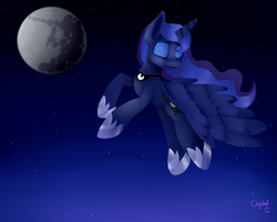 Size: 1280x1024 | Tagged: safe, artist:crystalcolour, princess luna, g4, eyes closed, female, flying, mare in the moon, moon, solo