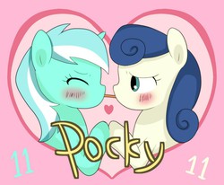 Size: 800x660 | Tagged: safe, artist:puchiko, bon bon, lyra heartstrings, sweetie drops, earth pony, pony, g4, blushing, bust, eyes closed, female, heart, lesbian, mare, pixiv, pocky, pocky game, ship:lyrabon, shipping