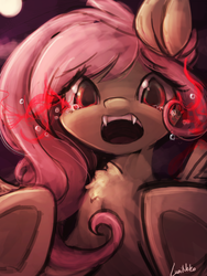 Size: 1440x1920 | Tagged: safe, artist:lumineko, fluttershy, bat pony, pony, bats!, g4, female, flutterbat, looking at you, mare, open mouth, pixiv, solo, textless, transformation
