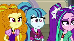 Size: 1280x712 | Tagged: safe, edit, edited screencap, screencap, adagio dazzle, aria blaze, sonata dusk, equestria girls, g4, my little pony equestria girls: rainbow rocks, animation error, faic, inverted mouth, the dazzlings