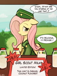 Size: 1440x1920 | Tagged: safe, artist:lumineko, fluttershy, pegasus, pony, g4, blushing, breast milk, clothes, female, filly guides, girl scout, hat, implied milking, mare, milk, open mouth, pixiv, solo