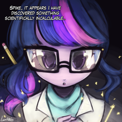 Size: 1000x1000 | Tagged: safe, artist:lumineko, sci-twi, twilight sparkle, equestria girls, g4, my little pony equestria girls: rainbow rocks, :o, adorkable, clothes, cute, dork, female, glasses, implied spike, lab coat, looking at you, meganekko, pencil, pixiv, reflection, solo