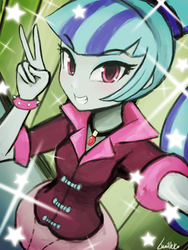 Size: 1440x1920 | Tagged: safe, artist:lumineko, sonata dusk, equestria girls, g4, my little pony equestria girls: rainbow rocks, clothes, cute, female, grin, looking at you, necklace, peace sign, pixiv, selfie, skirt, smiling, solo, sonatabetes