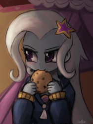 Size: 1440x1920 | Tagged: safe, artist:lumineko, trixie, human, equestria girls, g4, blushing, clothes, cookie, cute, diatrixes, eating, female, food, jacket, lumineko is trying to murder us, nom, raised eyebrow, signature, smiling, smug, solo, stars