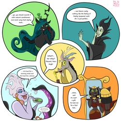 Size: 2048x2048 | Tagged: safe, artist:briarspark, discord, queen chrysalis, g4, aladdin, antagonist, belly button, disney, high res, lipstick, maleficent, mirage, phone, sleeping beauty, talking, the little mermaid, ursula
