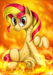 Size: 1024x1449 | Tagged: safe, artist:the1xeno1, sunset shimmer, pony, unicorn, g4, female, fiery shimmer, fire, solo, underhoof