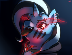 Size: 2221x1709 | Tagged: safe, artist:ligerstorm, trixie, pony, unicorn, g4, alicorn amulet, ear piercing, fangs, female, glowing eyes, mare, piercing, solo