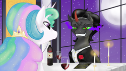 Size: 1280x723 | Tagged: safe, artist:emberdim, king sombra, princess celestia, pony, g4, date, duo, female, male, ship:celestibra, shipping, straight